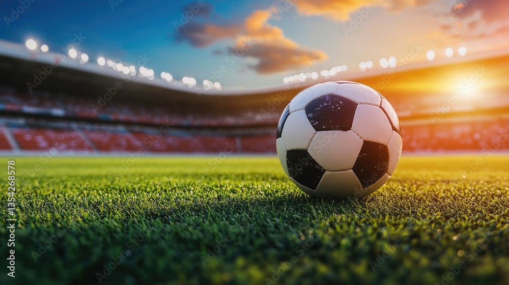 Poster a bright soccer ball sits in the center of a field, set against a dynamic and colorful stadium backg