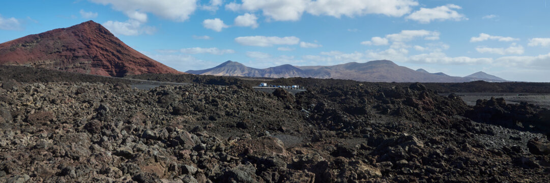 Montana Bermeja beach with Green Lake Jr in Yaiza, Lanzarote , Spain with volcanic relief