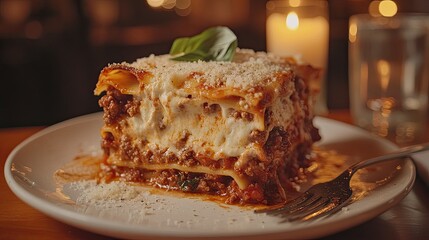 A plate of lasagna with a fork on it