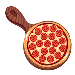 Whole cartoon rustic pizza on wooden board, top view. Funny round tasty pie with pepperoni slices on melted cheese sauce topping. Fast food menu, pizzeria mascot, cartoon pizza vector illustration