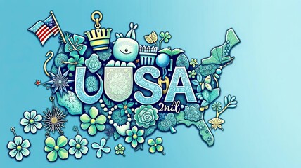 USA Map Doodle Art Patriotic Floral Cute Illustration