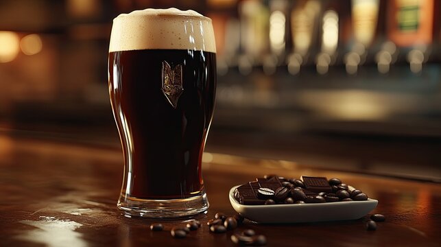 A glass of beer sits on a wooden bar counter next to a bowl of chocolate