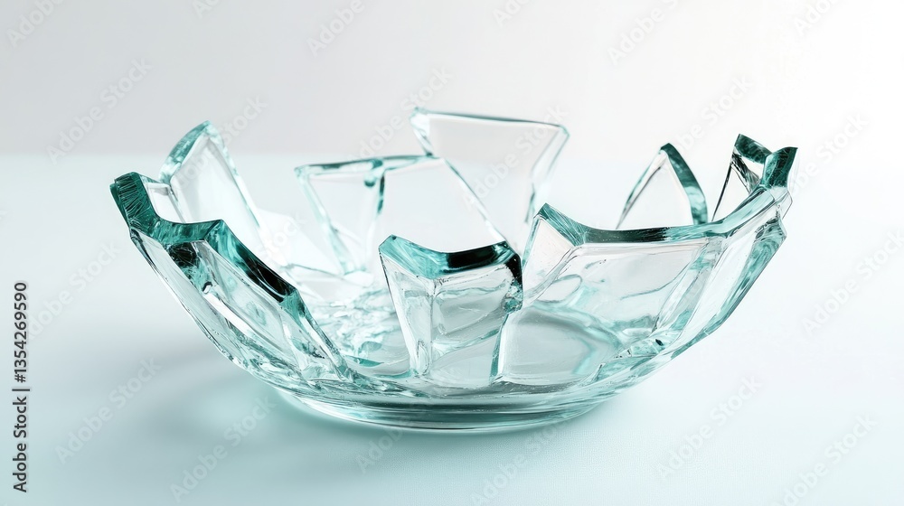 Poster a broken glass bowl with sharp edges, resting on a clean white background, symbolizing destruction a