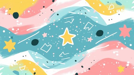 Colorful abstract design featuring swirls of pastel colors and playful shapes with stars