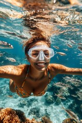 Fototapeta premium A lovely and sexy happy mixed-race young woman with short hair in a swimming mask and fins snorkeling among the corals. Professional stock image. Bright commercial style image.