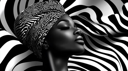 Monochrome dreamscape: Serene woman with zebra patterned headwrap in profile
