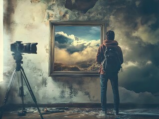 Fototapeta premium A Photographer's Perspective: A photographer stands before an antique frame revealing a dramatic cloudscape, his camera poised ready to capture the moment in a blend of art and reality.