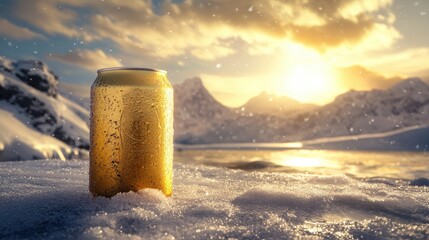 A chilled golden beer can on ice surrounded by a breathtaking snowy mountain landscape, symbolizing relaxation in nature's chill.