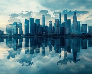 Fototapeta premium Singapore Skyscrapers and Water Reflection