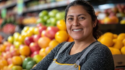 professional grocery store worker in fruit section smiling at the camera offering customer service and maintaining fresh produce display in an organized supermarket setting