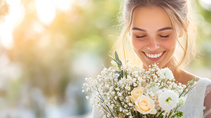 Fototapeta premium Smiling woman holding delicate bouquet with soft light background conveys joy and freshness, perfect for wedding content or natural lifestyle branding. Selective focus