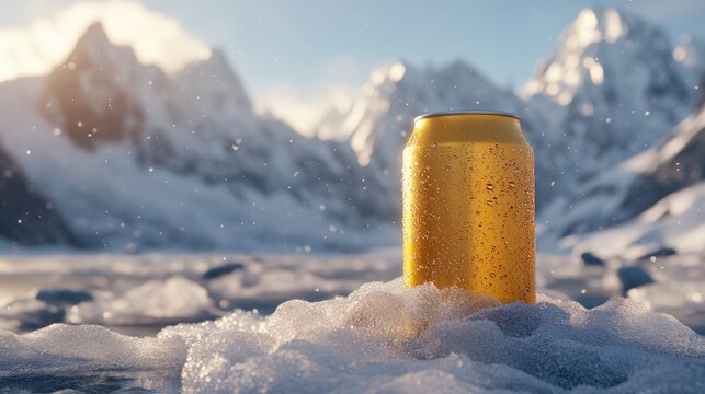 A close-up of a golden can of beer placed on ice, surrounded by snowy mountain peaks, perfect for a winter adventure scene