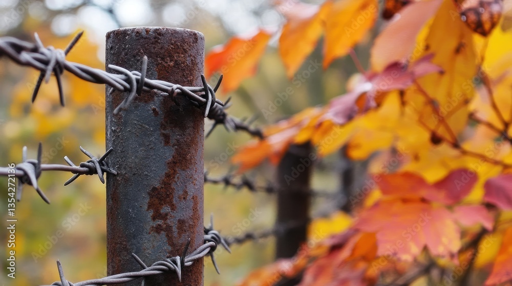 Poster a close-up of a rusty spring-ring fence with barbed wire, set against the colorful backdrop of autum
