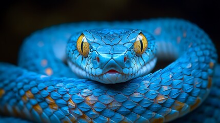 Obraz premium Close-up of a vibrant blue snake with yellow eyes.