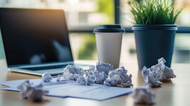 A close-up of an office desk with crumpled paper, a laptop, and a coffee cup, reflecting a fast-paced and productive work setting.