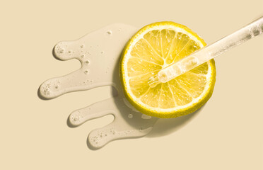 Aha citric acid or vitamin c cosmetic product with dropper on yellow background