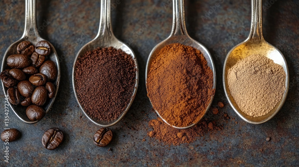 Poster A close-up of four spoons, each with a different type of ground coffee, showcasing various coffee beans and powders in a rustic setting.