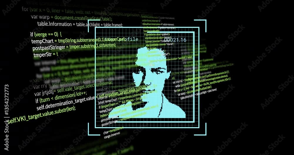 Poster animation of digital face recognition overlaying scrolling computer code in school setting