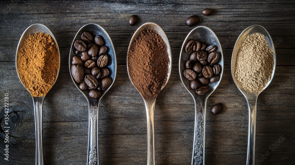 Poster A close-up of four spoons, each with a different type of ground coffee, showcasing various coffee beans and powders in a rustic setting.