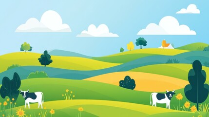 Rural landscape with rolling hills, cows grazing, and a clear sky offering a pastoral scenic view.