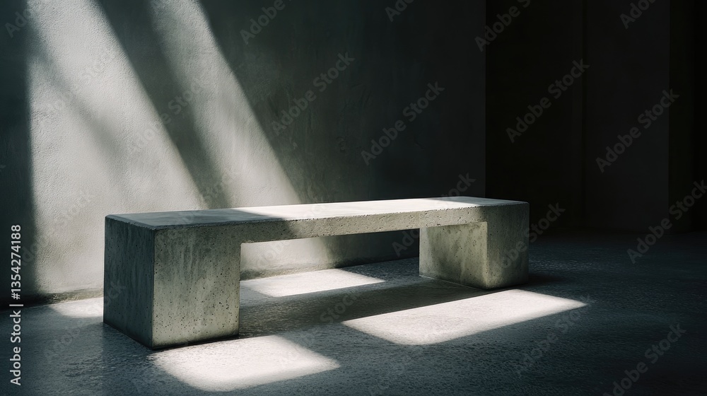 Poster a concrete bench placed in a dark room with sunlight pouring in, creating an atmospheric contrast be