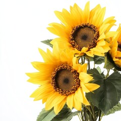 Obraz premium Bright yellow sunflowers in full bloom, arranged in a bouquet with lush green leaves, illuminated softly against a clean white background for a classic look.