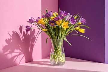 Fototapeta premium a vibrant and lively composition featuring a clear glass vase containing a mix of purple
