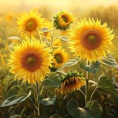 Obraz premium Bright yellow sunflowers in full bloom, standing gracefully in a sunny field, their glowing petals and green leaves illuminated by diffused sunlight.