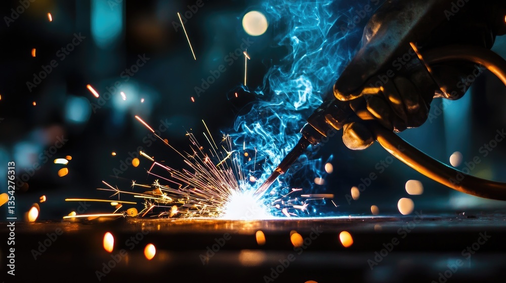 Poster a detailed shot of welding cables in the process of connecting, with bright sparks illuminating the 