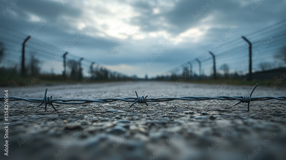 Poster a dramatic shot of a barbed wire barrier stretching across an empty space, evoking feelings of confi