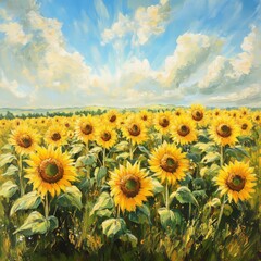 Fototapeta premium Bright yellow sunflowers in full bloom, standing tall and radiant, with bright petals glowing under natural sunlight in a wide-open field.