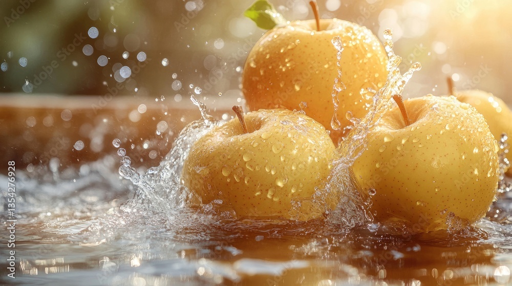 Poster a dynamic moment of golden apples splashing into water, with droplets sparkling in the sunlight, evo