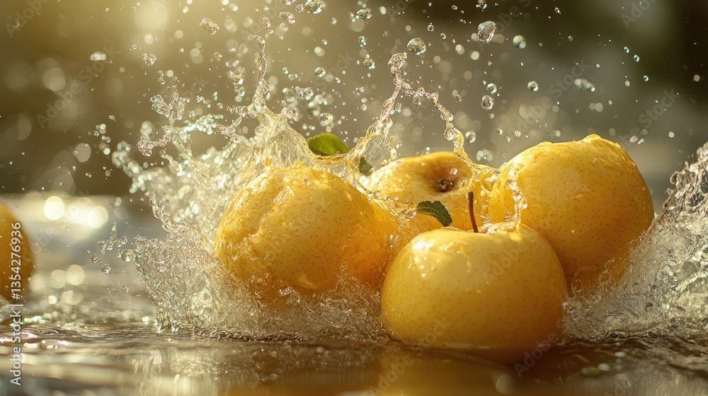 Poster a dynamic moment of golden apples splashing into water, with droplets sparkling in the sunlight, evo