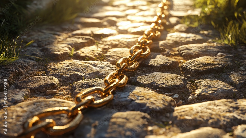 Poster a golden chain resting on a rustic stone pathway, with sunlight highlighting the links, evoking a se