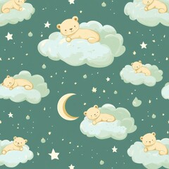 Dreamy seamless baby pattern featuring crescent moons, fluffy clouds, glowing stars, and sleeping bears in soft pastel colors
