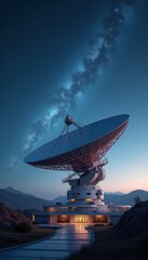 A stunning observatory skyline at twilight, showcasing a large satellite dish and a backdrop of the milky way, perfect for celebrating astronomy day.