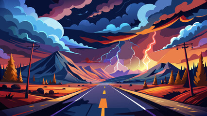 Dramatic photo of a stormy road with rain, lightning, and dark clouds creating a powerful and intense atmosphere. © williamnoah