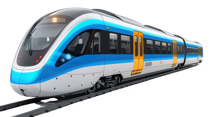 A blue and white train is on the tracks