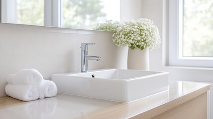 Modern bathroom vanity with white sink and towels