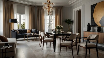 Obraz premium Elegant living and dining room design. Neutral tones, natural light, sophisticated furniture