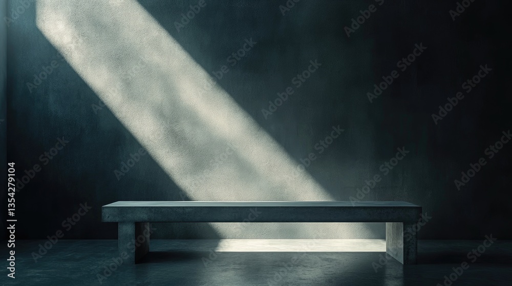 Poster A minimalist concrete bench sitting in a dark room with a stream of sunlight breaking through, casting soft shadows.