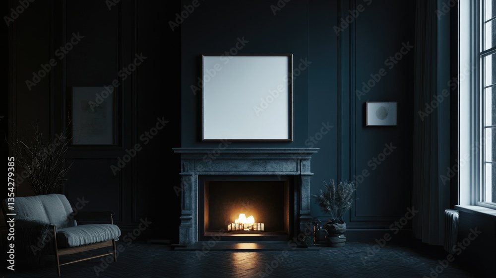 Poster a minimalist dark interior with a fireplace and blank canvas, inviting a calm and cozy vibe with roo