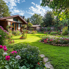 Naklejka premium backyard garden by a home sunny day