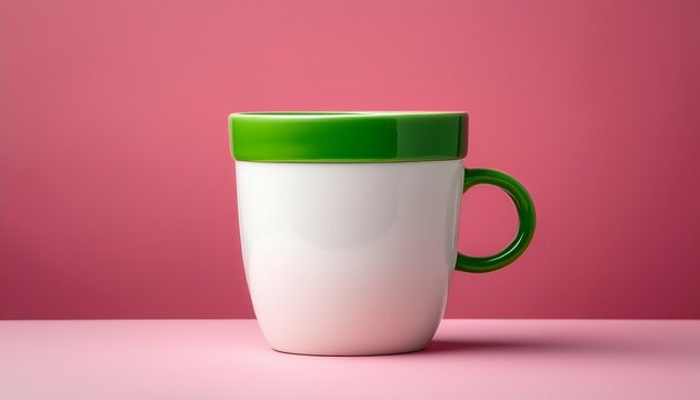 a white cup with a green handle sits on a pink background