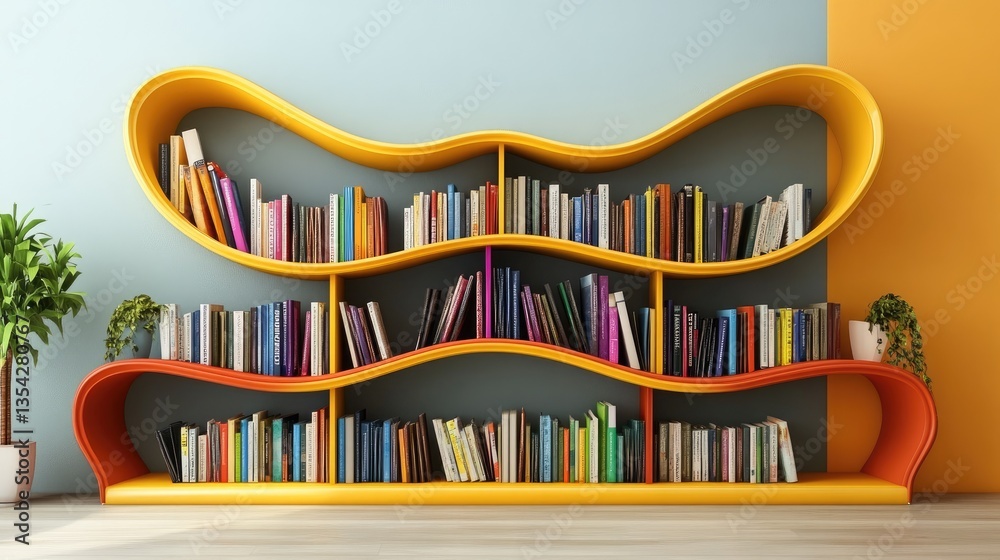 Aufkleber a modern, vibrant bookshelf with a wavy design, holding a variety of books in all colors, creating a