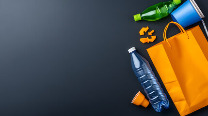 Plastic waste concept. Littered with garbage on dark background. Shopping bag, bottle, cup and straw (4)