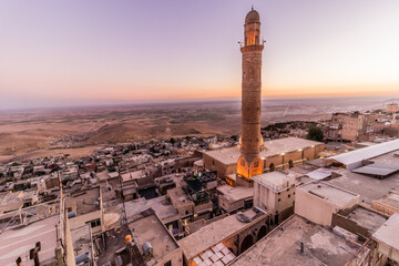 Evening view of Mardin with the minaret of the Grand Mosque (Ulu Camii), Turkey