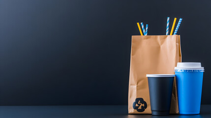 Plastic waste concept. Littered with garbage on dark background. Shopping bag, bottle, cup and straw (4)