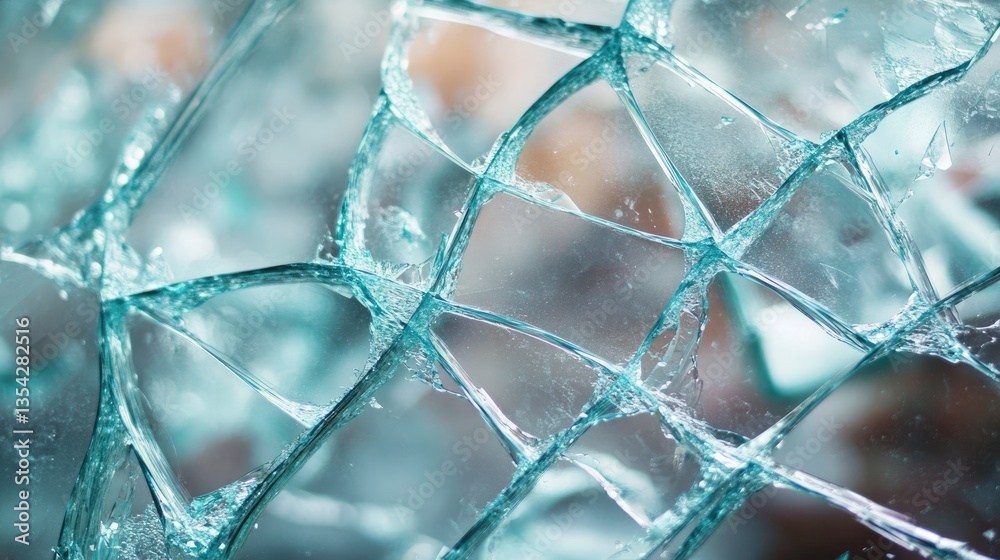 Poster a powerful close-up of broken window glass, showing the shattered pieces scattering with sharp, jagg