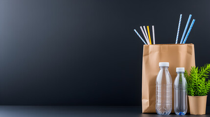 Plastic waste concept. Littered with garbage on dark background. Shopping bag, bottle, cup and straw (4)